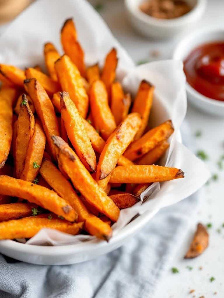A bowl of golden-brown baked sweet potato fries.