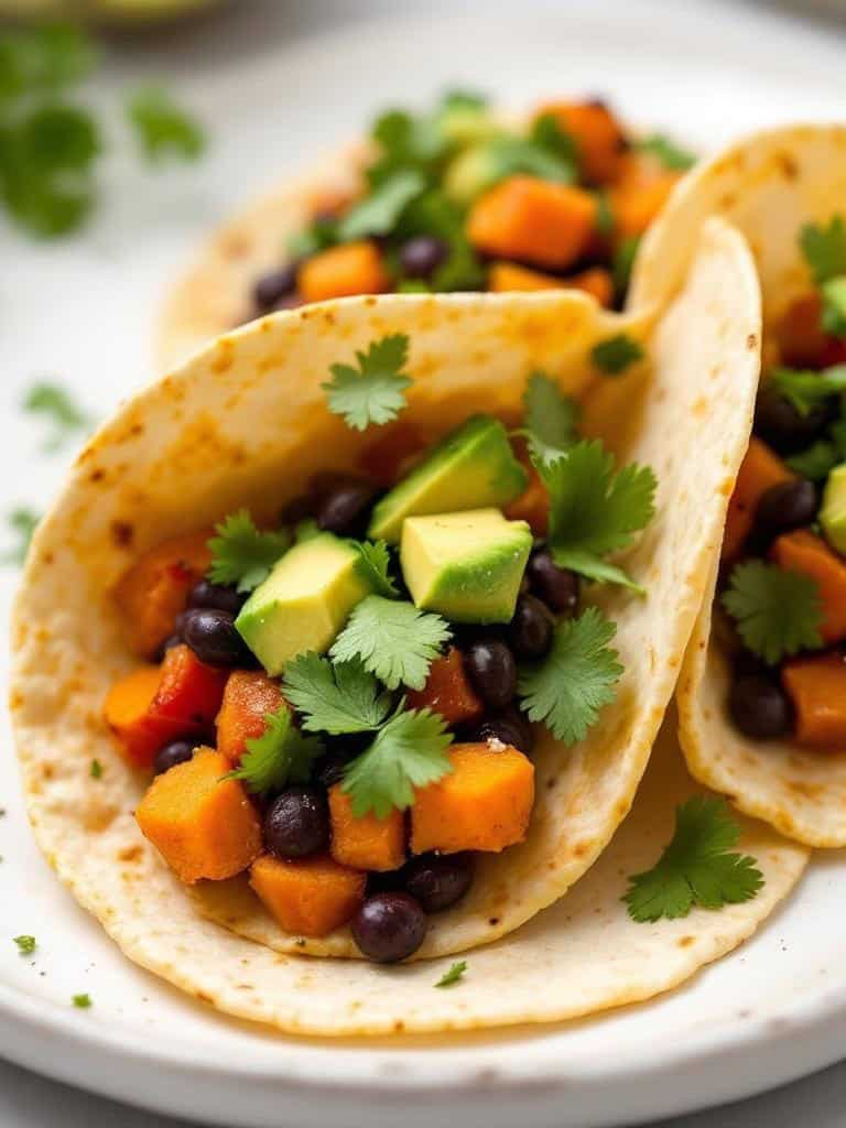 Sweet potato and black bean tacos topped with avocado and cilantro