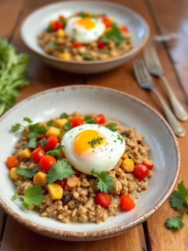 Two bowls of savory oatmeal topped with vegetables and a soft-boiled egg.