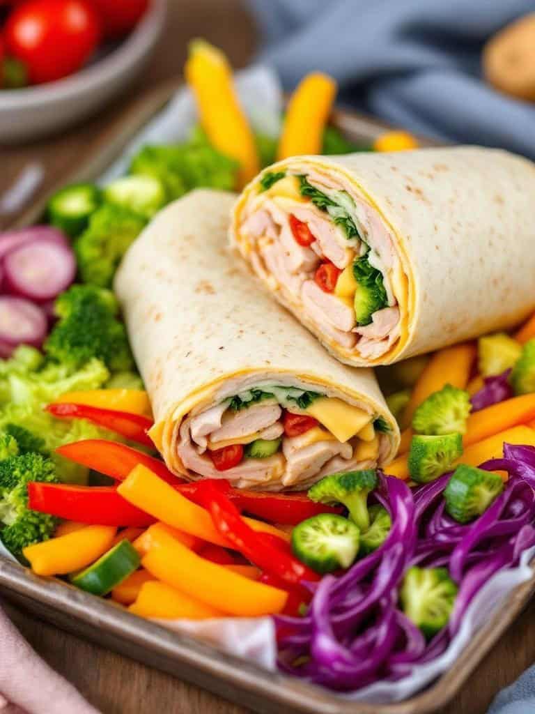 Turkey and cheese wraps with colorful vegetables around them.
