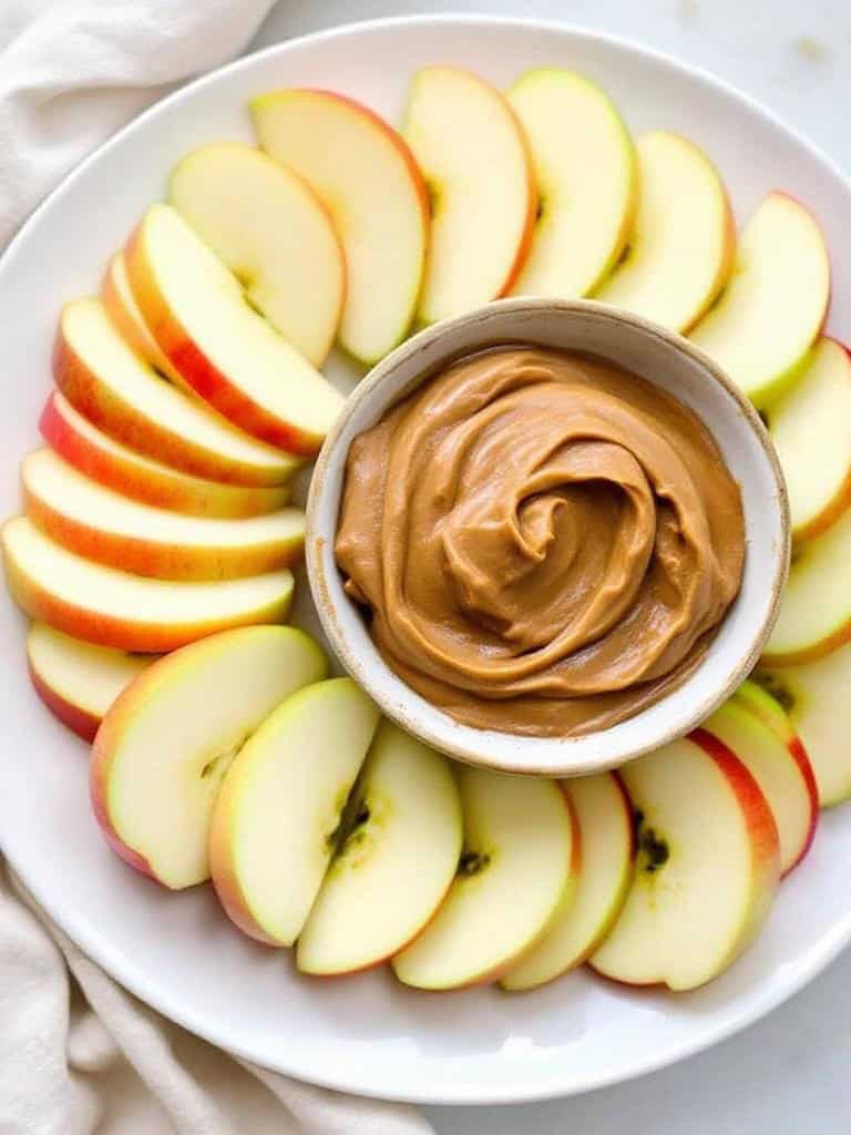 Plate of apple slices arranged around a bowl of almond butter.