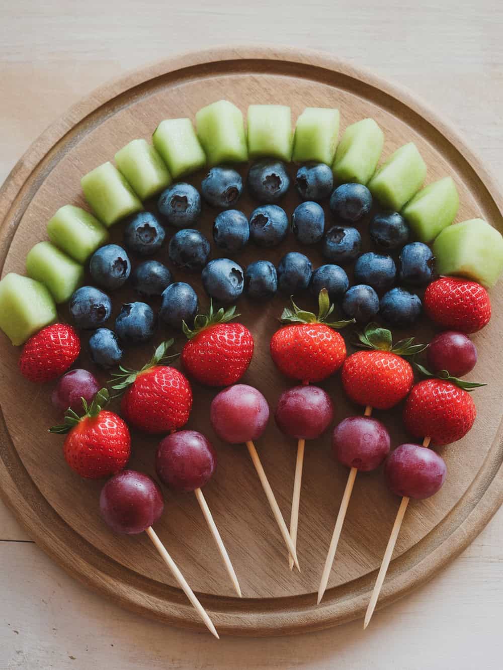 Colorful rainbow fruit skewers on a wooden platter.