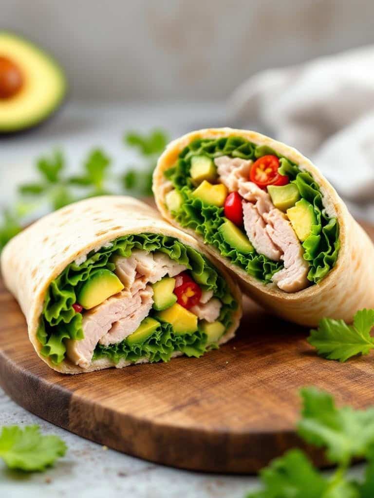 A delicious turkey and avocado wrap with lettuce, tomatoes, and cilantro.