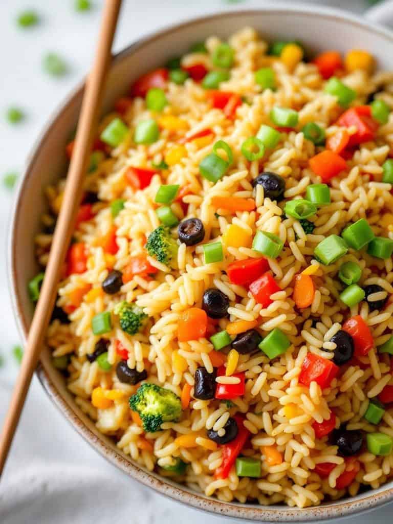 A bowl of vegetable fried rice with colorful vegetables and green onions.