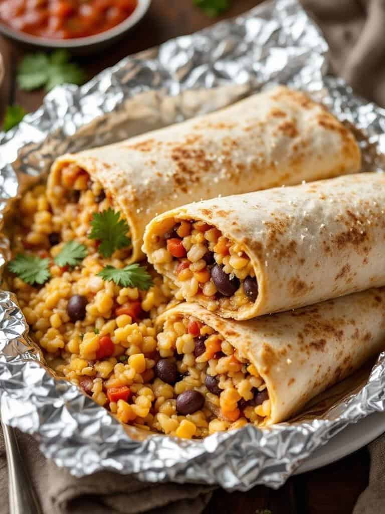 Delicious rice and bean burritos wrapped in foil, filled with colorful ingredients.