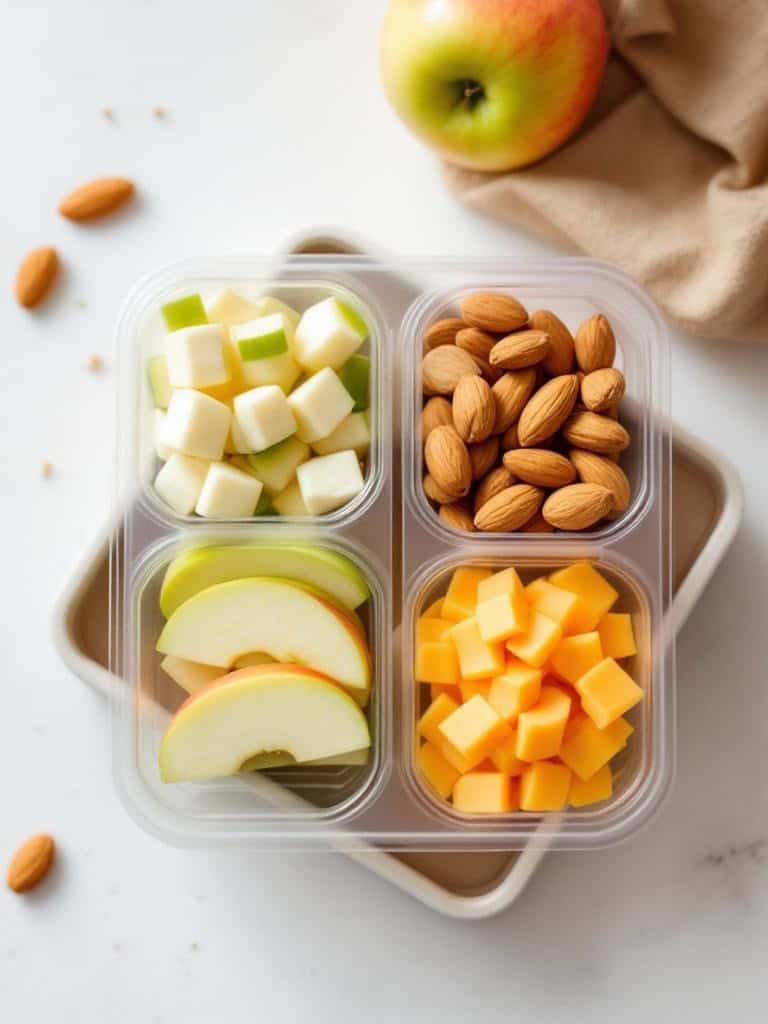 A snack pack with apple slices, cheese cubes, and almonds.
