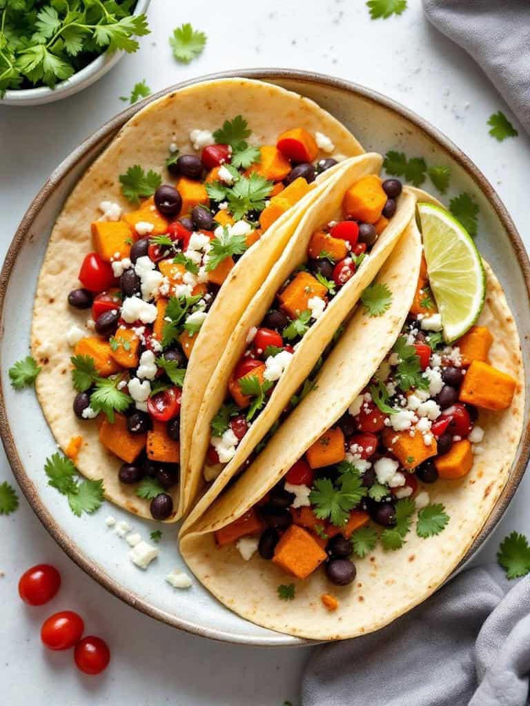 Sweet potato and black bean tacos on a plate with cilantro and lime.