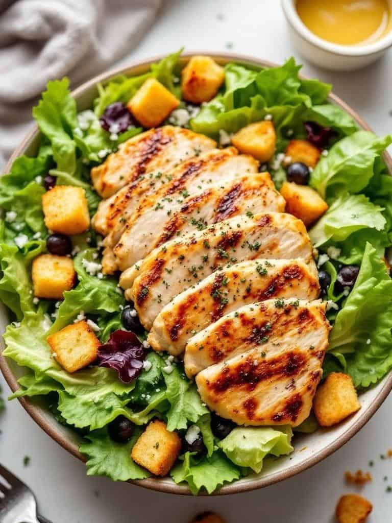 A bowl of Chicken Caesar Salad with grilled chicken, lettuce, croutons, and dressing.