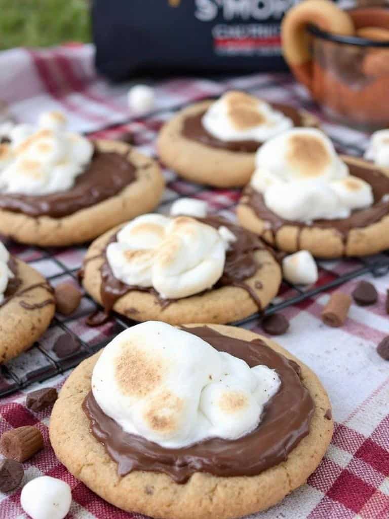 A close-up of s'mores cookies with chocolate and marshmallows, set on a plaid background.