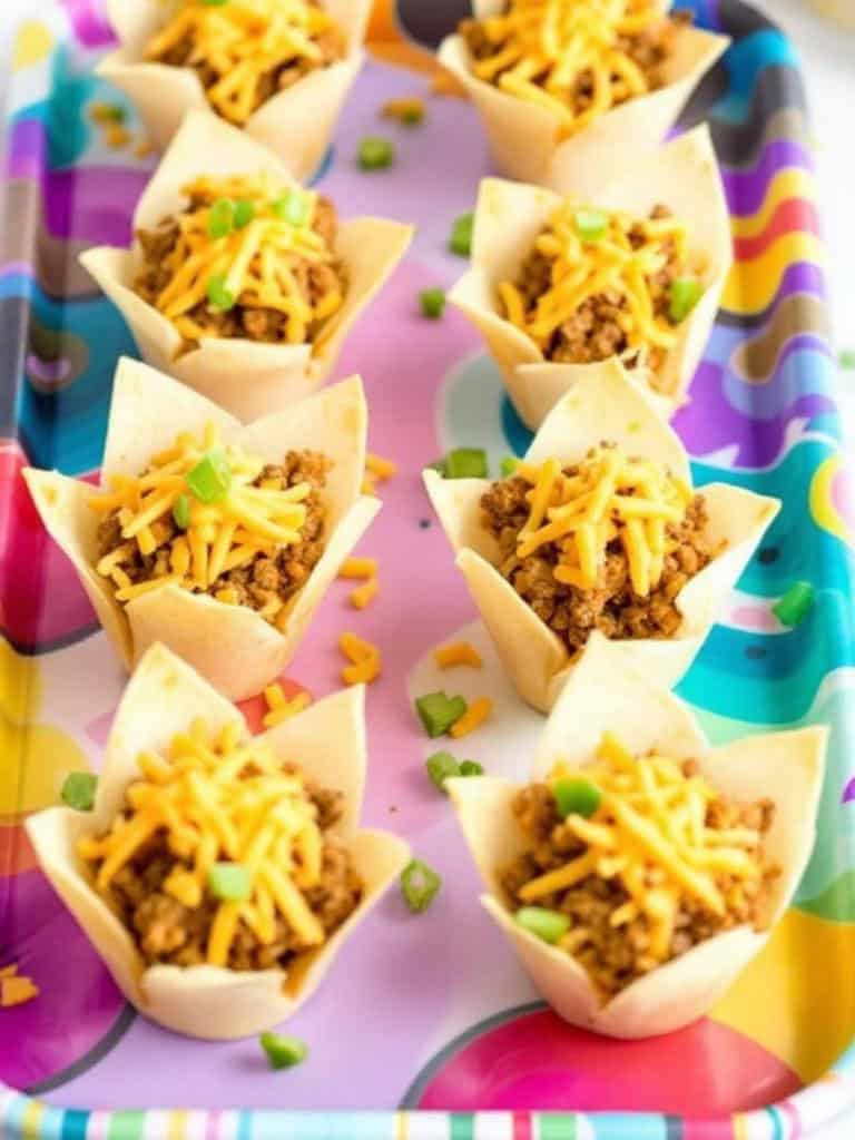 Colorful taco cups filled with ground turkey and cheese on a vibrant tray.