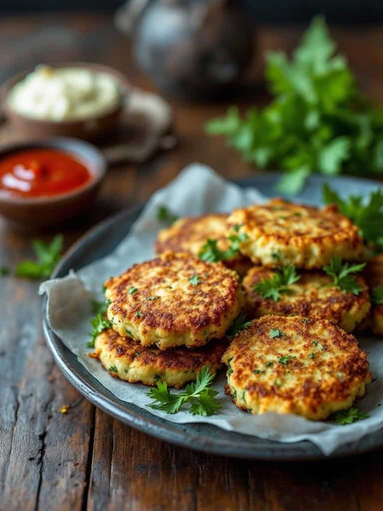 A plate of golden-brown zucchini fritters garnished with fresh herbs.