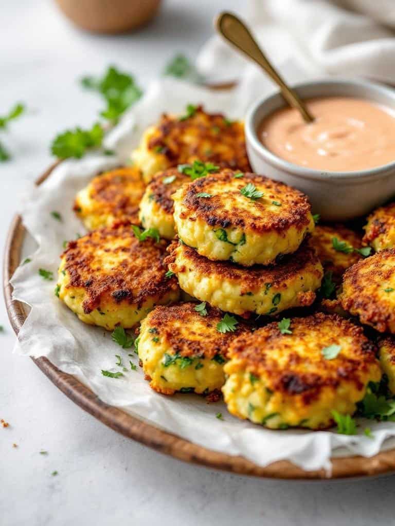 A plate of golden zucchini fritters garnished with fresh herbs and served with a dipping sauce.