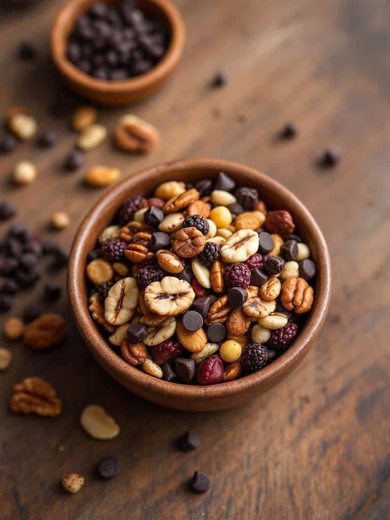 A bowl of homemade trail mix with nuts, dried fruits, and chocolate chips.