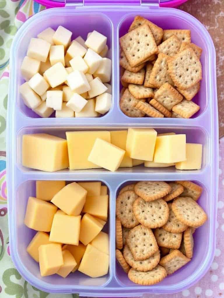 A wooden platter with various cheeses, crackers, and fresh berries.