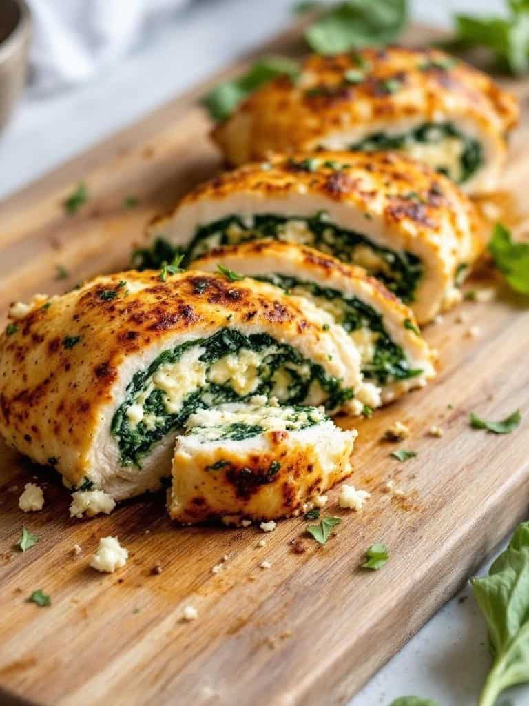 Spinach and feta stuffed chicken sliced on a wooden board.