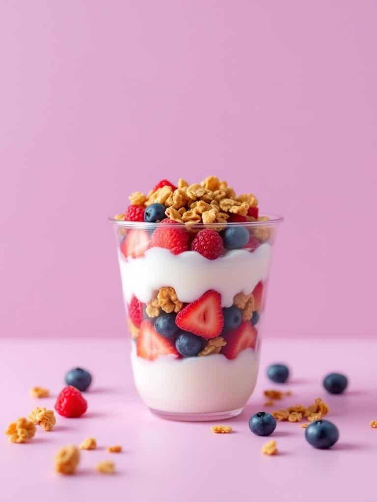 A colorful fruit and yogurt parfait with layers of yogurt, strawberries, blueberries, and granola.