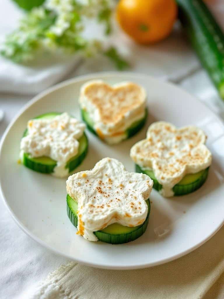 Plate of cucumber sandwiches shaped like flowers and hearts