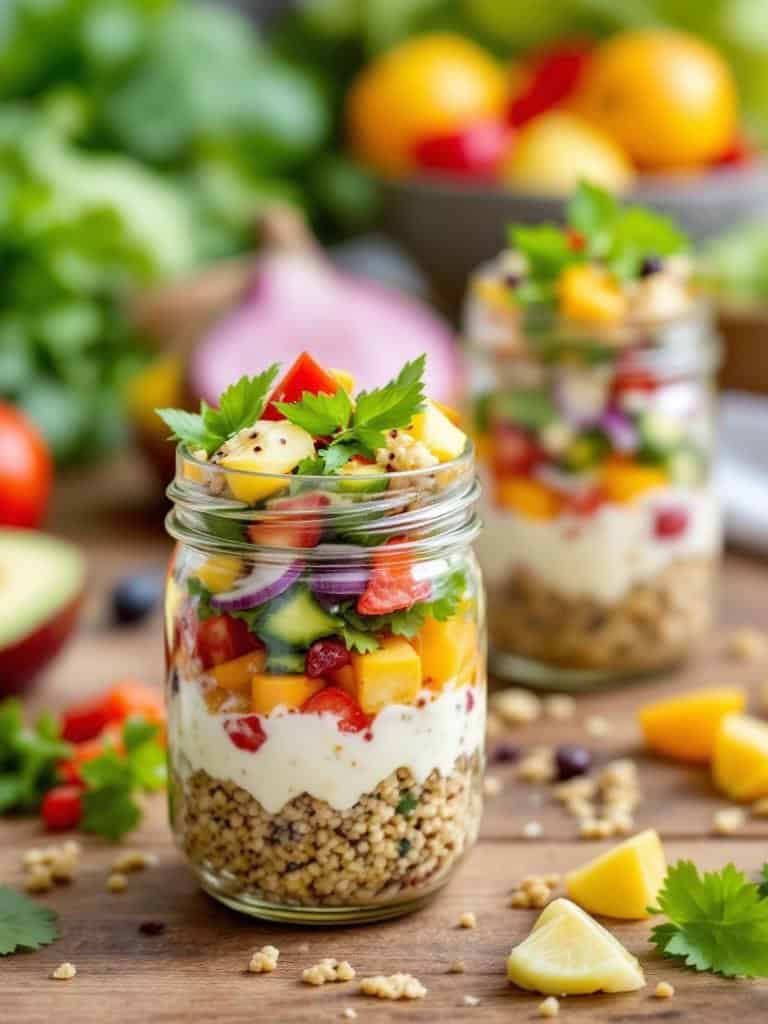 Mini quinoa salad jars with colorful layers of vegetables and quinoa.