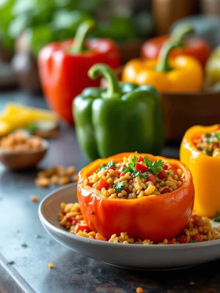 Stuffed bell peppers filled with rice and vegetables on a plate.