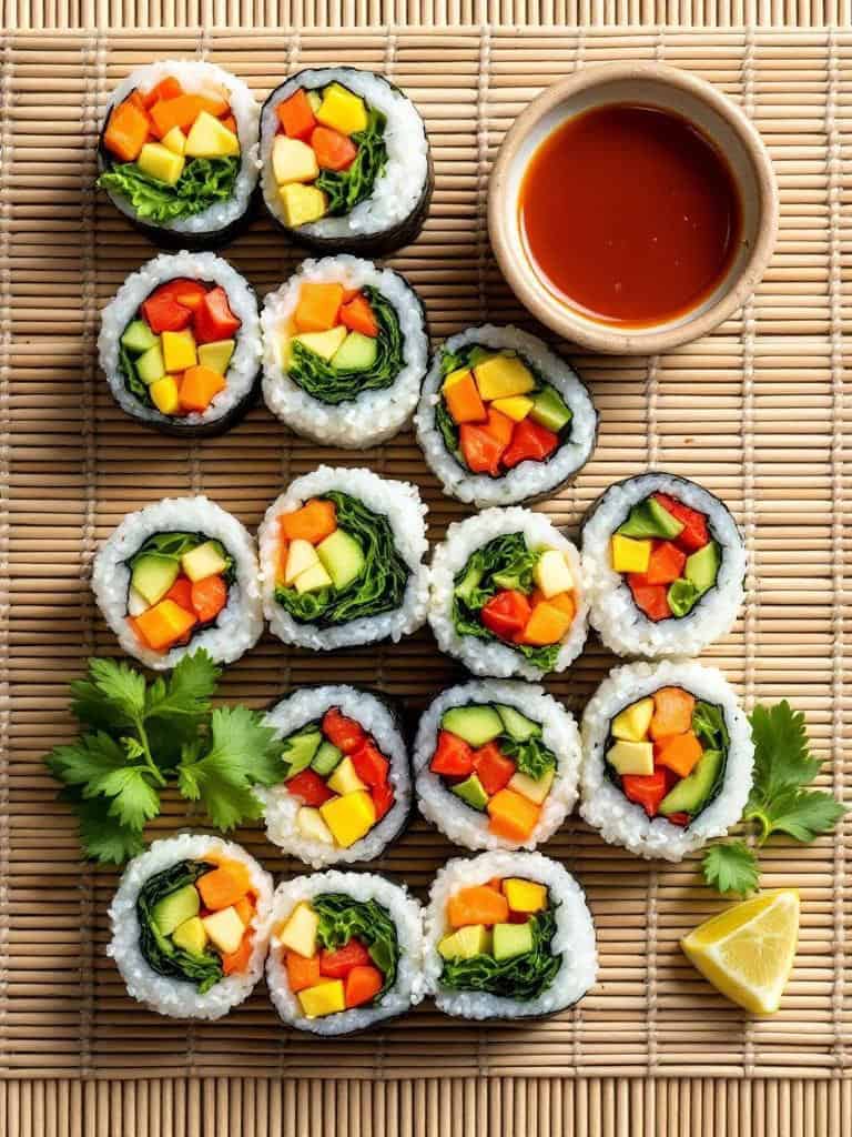 A plate of vegetable sushi rolls with colorful fillings and a small bowl of dipping sauce.