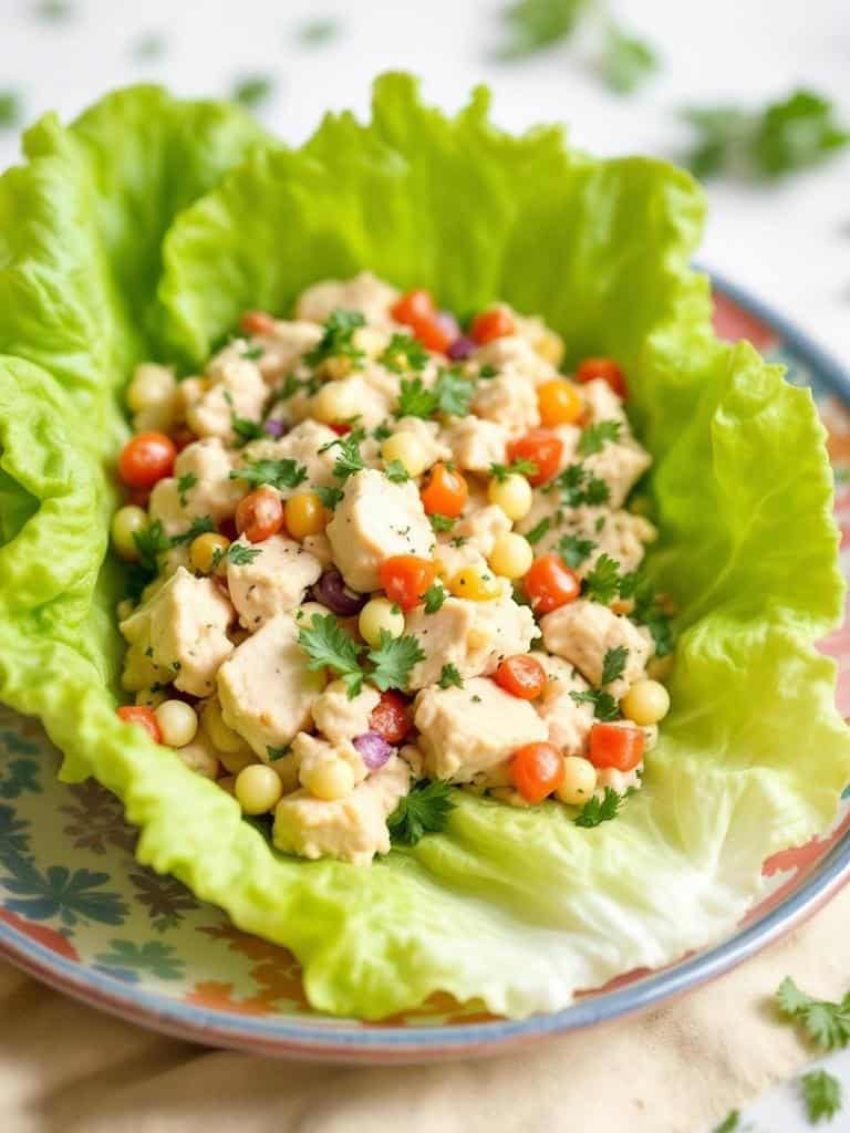 A bowl of chicken salad served in fresh lettuce leaves with colorful vegetables.