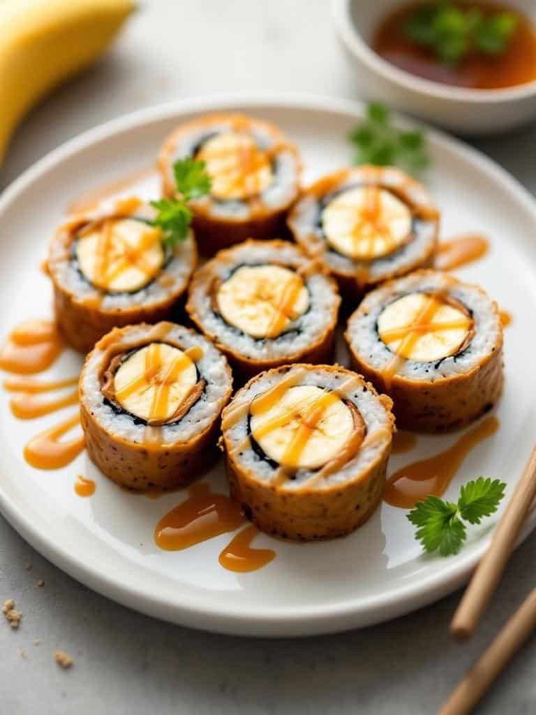 Peanut butter and banana sushi rolls on a plate with drizzled sauce.