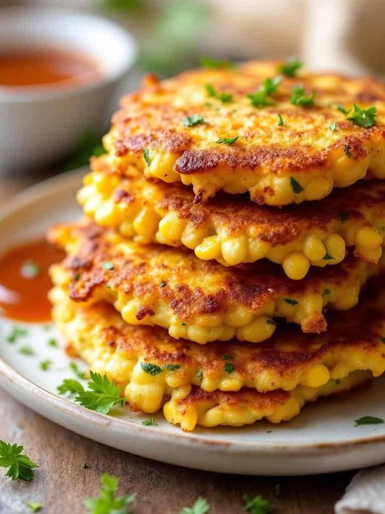 A plate of golden corn and zucchini fritters garnished with parsley.
