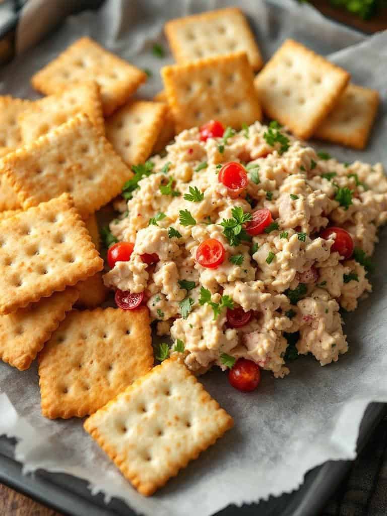 A plate of tuna salad surrounded by crackers, garnished with cherry tomatoes and parsley.