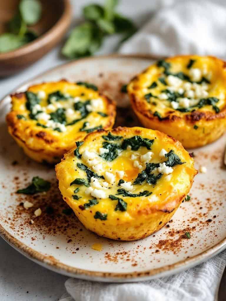 Egg muffins with spinach and feta on a plate
