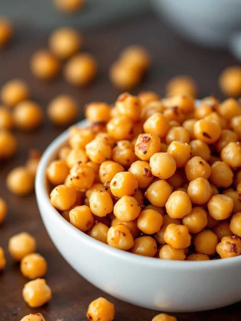 A bowl of roasted chickpeas on a wooden surface.