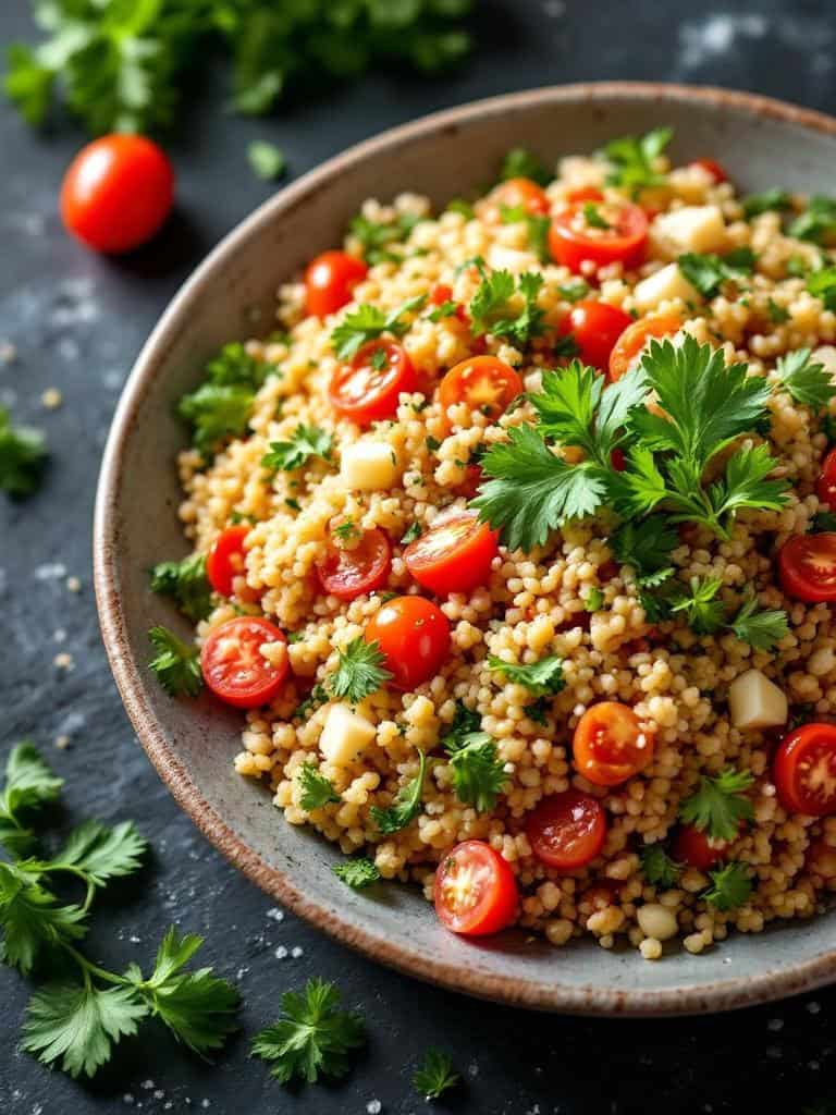 Bowl of bulgur wheat tabbouleh with tomatoes and parsley