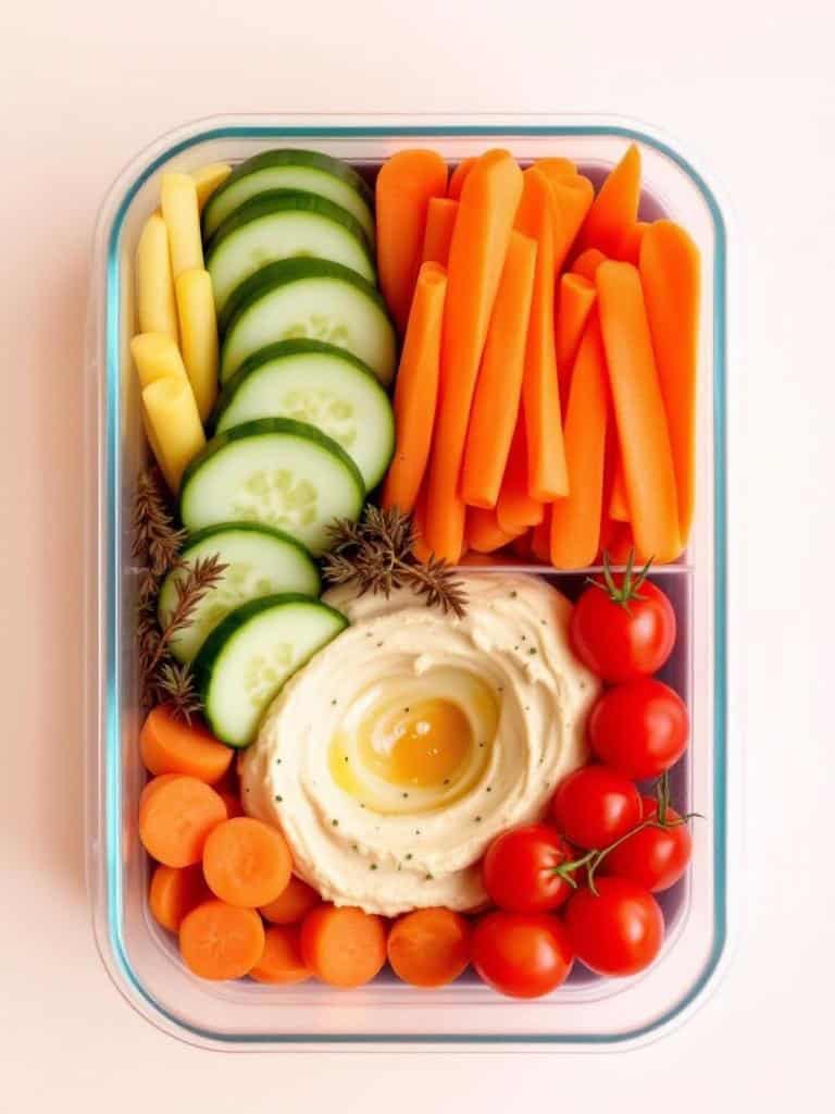 A bento box filled with sliced cucumbers, carrots, cherry tomatoes, and hummus.