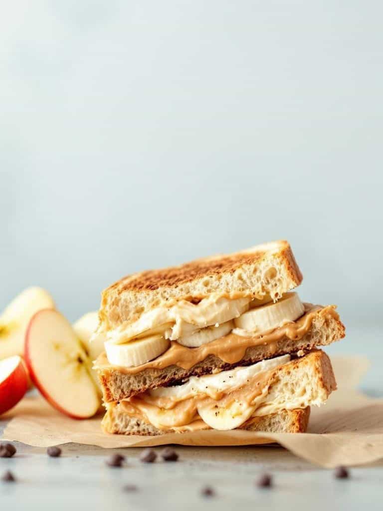 A delicious peanut butter and banana sandwich with apple slices and chocolate chips on the side.