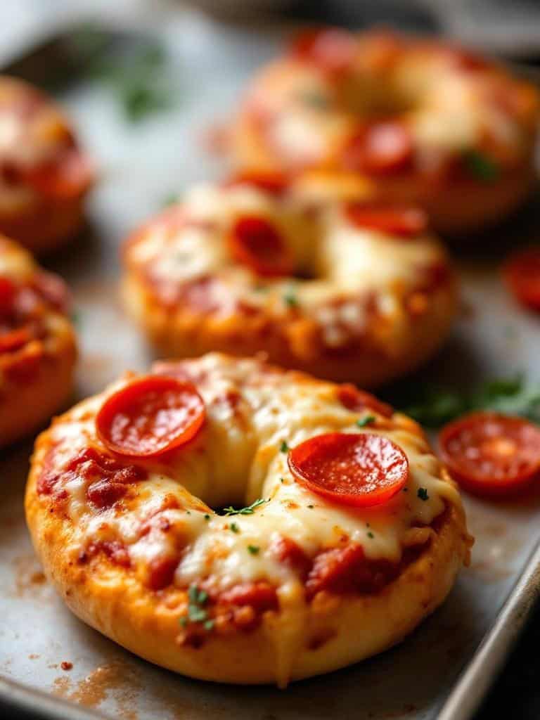 Delicious homemade pizza bagels topped with cheese and pepperoni.