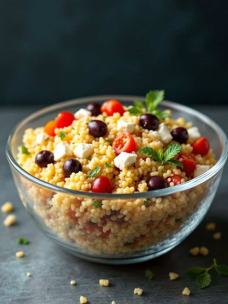 A bowl of couscous salad with feta, olives, and cherry tomatoes.