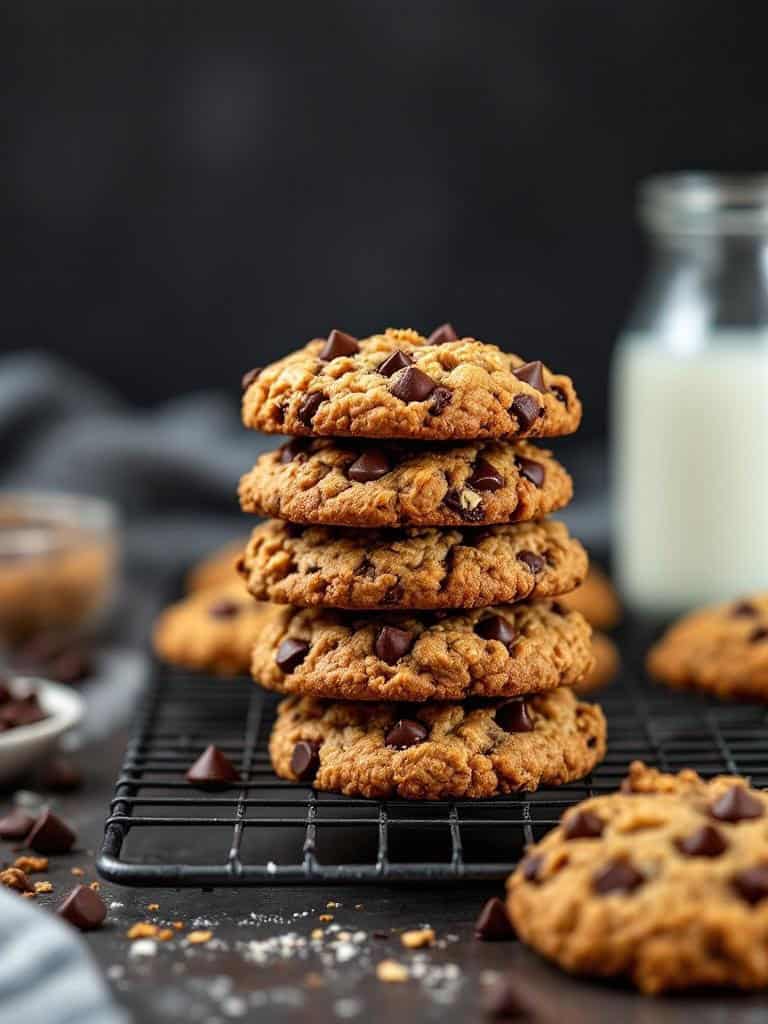 A stack of oatmeal chocolate chip cookies on a cooling rack.