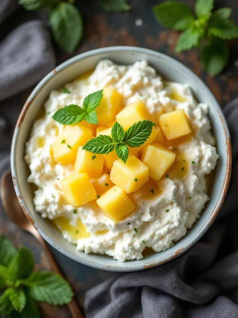 Bowl of cottage cheese topped with pineapple chunks and mint leaves
