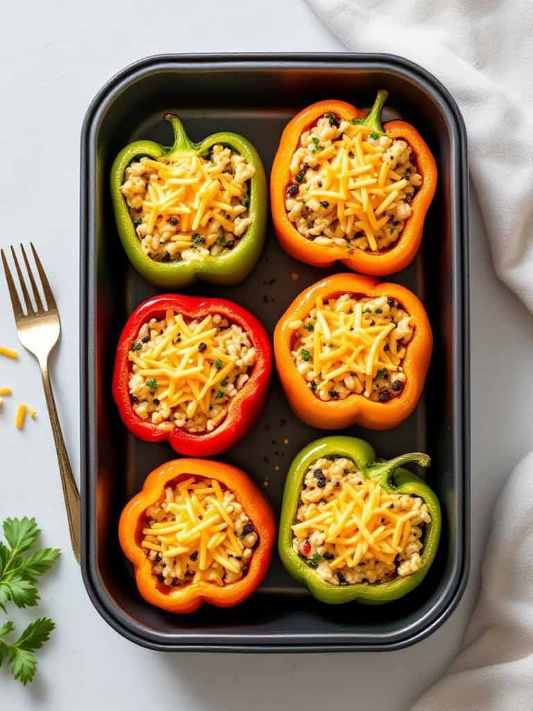 Colorful stuffed bell peppers filled with rice, beans, and cheese.