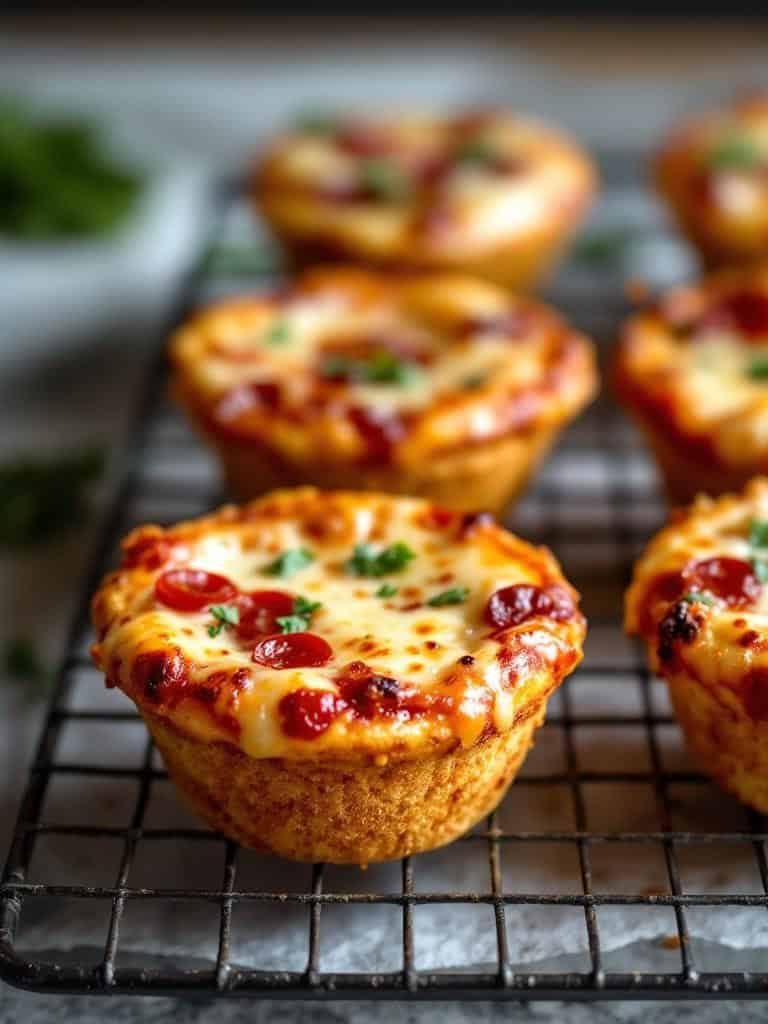 A close-up of homemade pizza muffins topped with cheese and pepperoni on a wire rack.