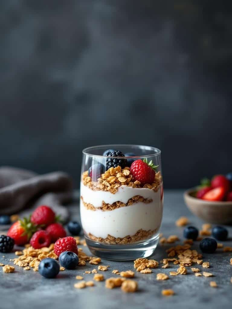 A delicious Greek yogurt parfait with layers of yogurt, granola, and fresh berries.