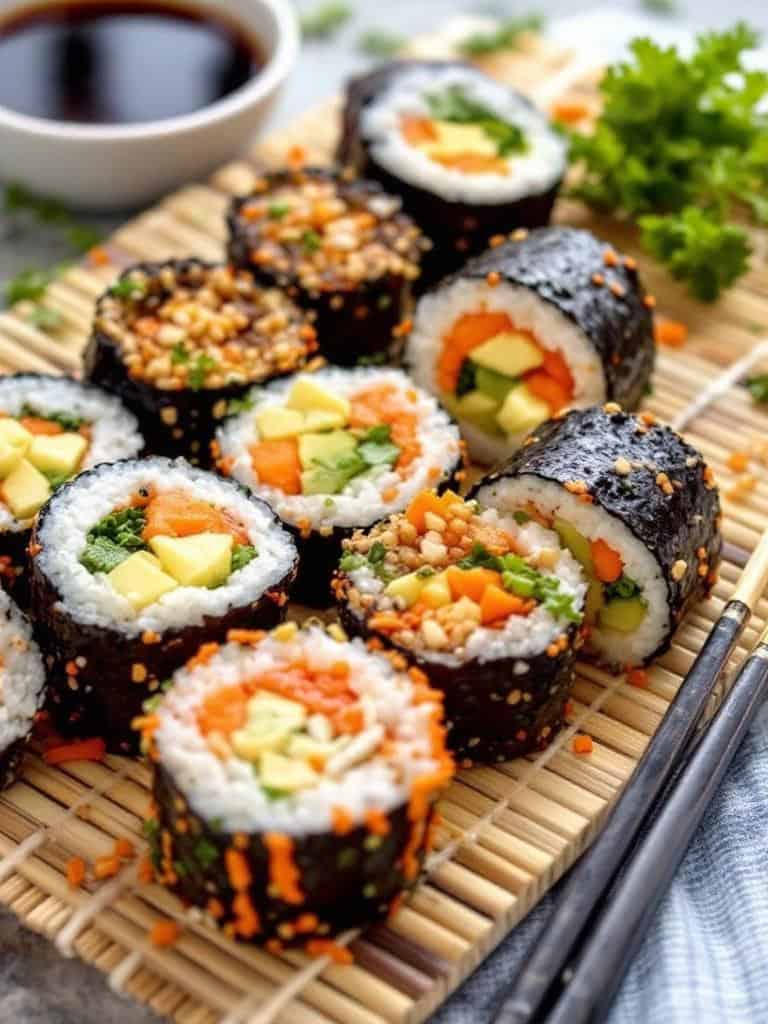 A variety of veggie sushi rolls arranged on a bamboo mat with a small bowl of soy sauce.