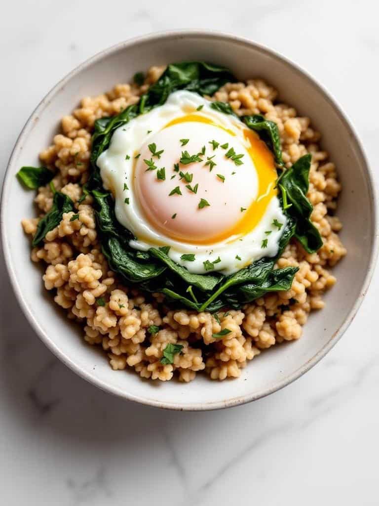 A bowl of savory oatmeal topped with spinach and a poached egg.