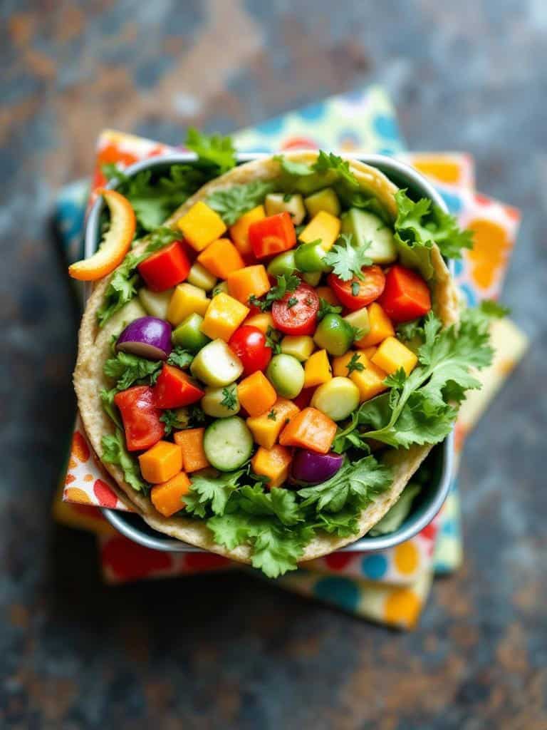 A colorful veggie wrap filled with various vegetables like bell peppers, cucumbers, and carrots.