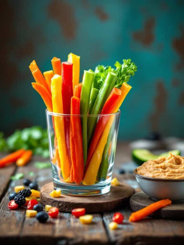 A glass filled with colorful veggie sticks and a bowl of hummus on a wooden surface.