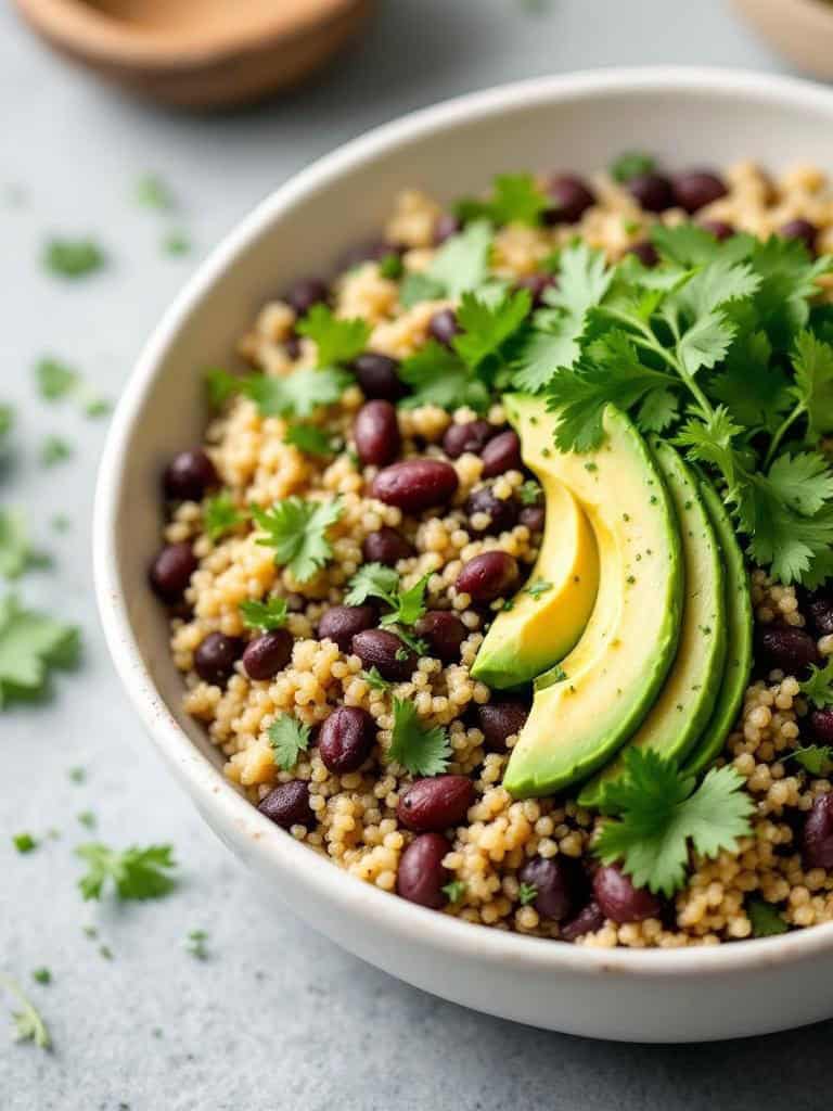 A bowl of quinoa and black beans topped with avocado and cilantro.