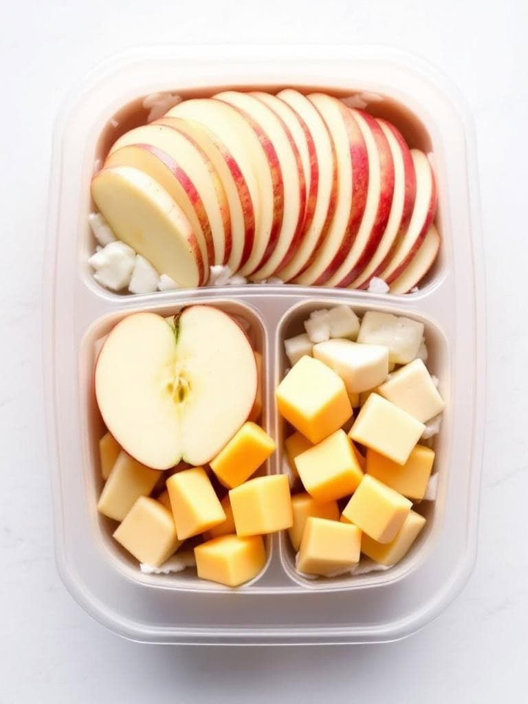 A lunchbox with sliced apples and cheese cubes.