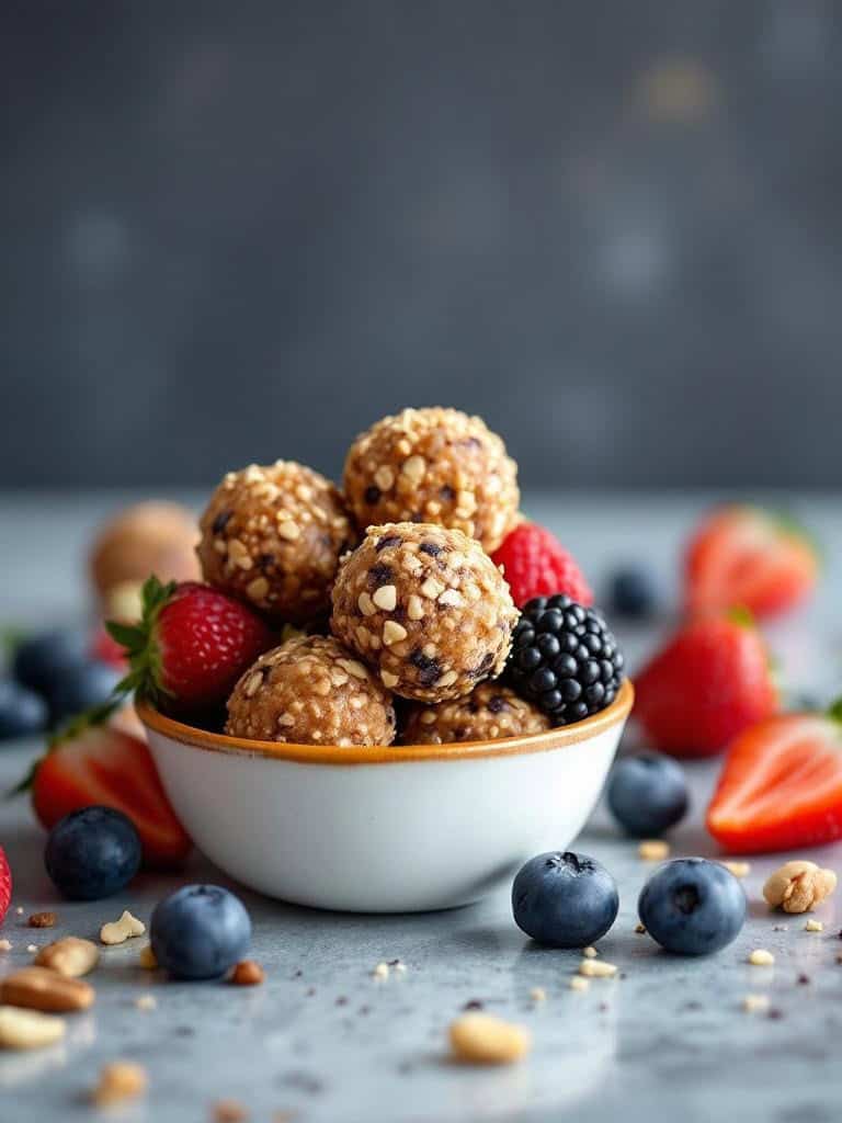 A bowl of fruit and nut energy bites surrounded by fresh berries.
