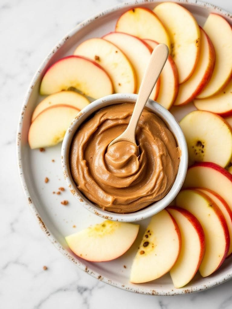 Sliced apples arranged around a bowl of almond butter on a plate.