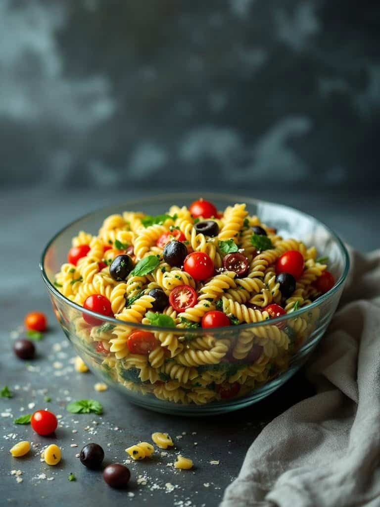 A bowl of pasta salad with pesto, cherry tomatoes, and olives.