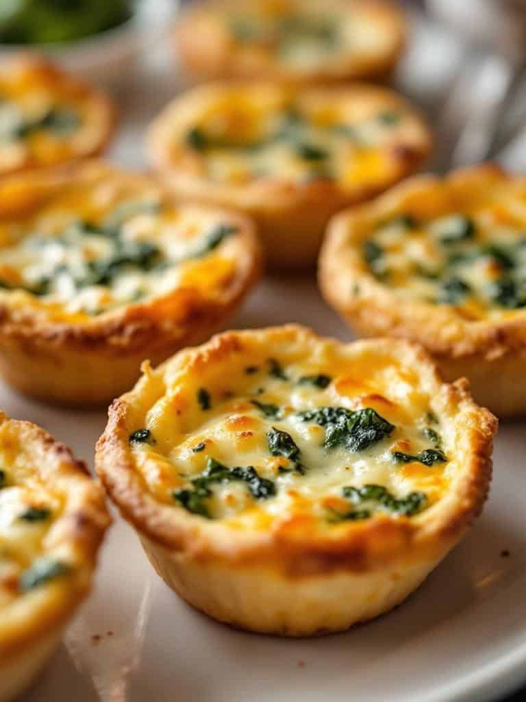A plate of mini quiches with spinach and cheese filling.